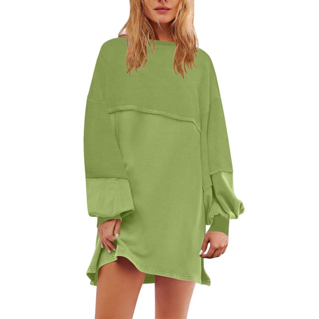 Lovzfmll Robe Fendue Ajustée à Manches Longues et Col Rond pour Femme, Couleur Unie, Vert, 2TG