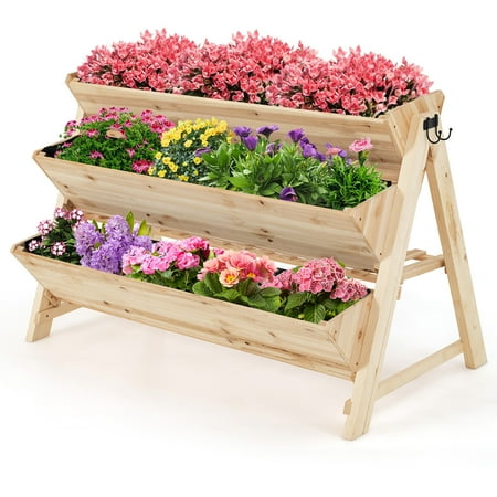 Costway 3 Tier Wooden Vertical Raised Garden Bed W/Storage Shelf, Side Hook &Amp; Liners