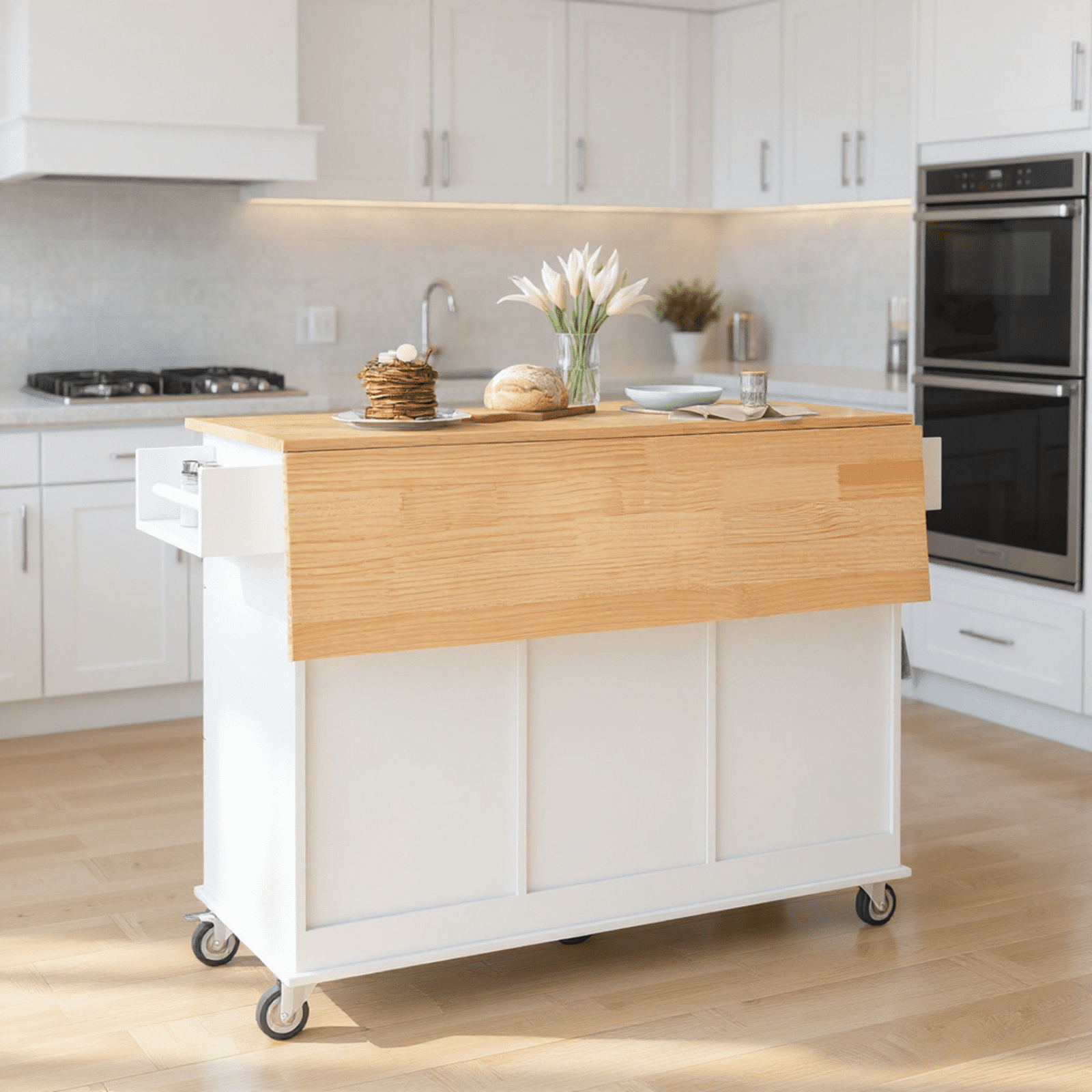 Homy Casa 52.7" Rolling Kitchen Island with Solid Wood Top, Storage Cabinet, Drawers & Drop Leaf, White
