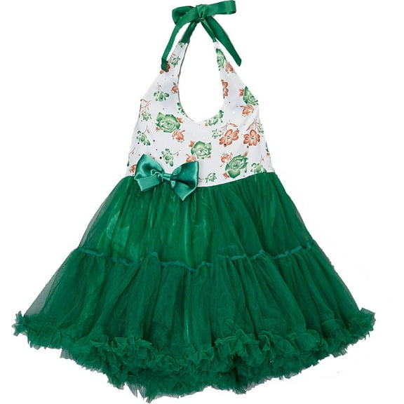 Wenchoice Girl's Green & White Floral Halter Dress L(5T-6T)