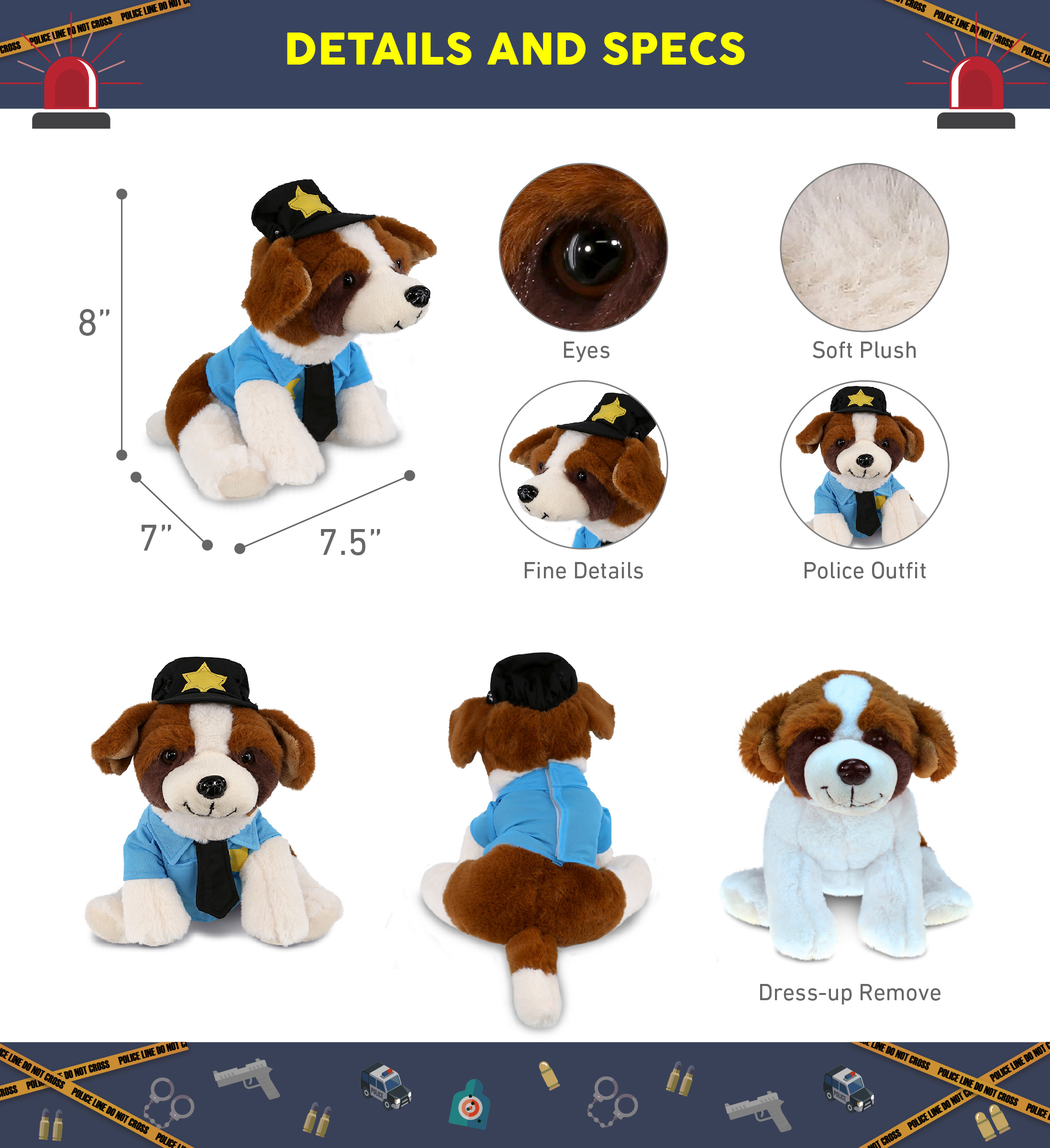 DolliBu St. Bernard Dog Police Officer Plush Toy - Soft Dog Cop Stuffed Animal Dress Up with Cute Cop Uniform and Cap Outfit - Super Soft Farm Life Stuffed Dog Animal - 8 Inches