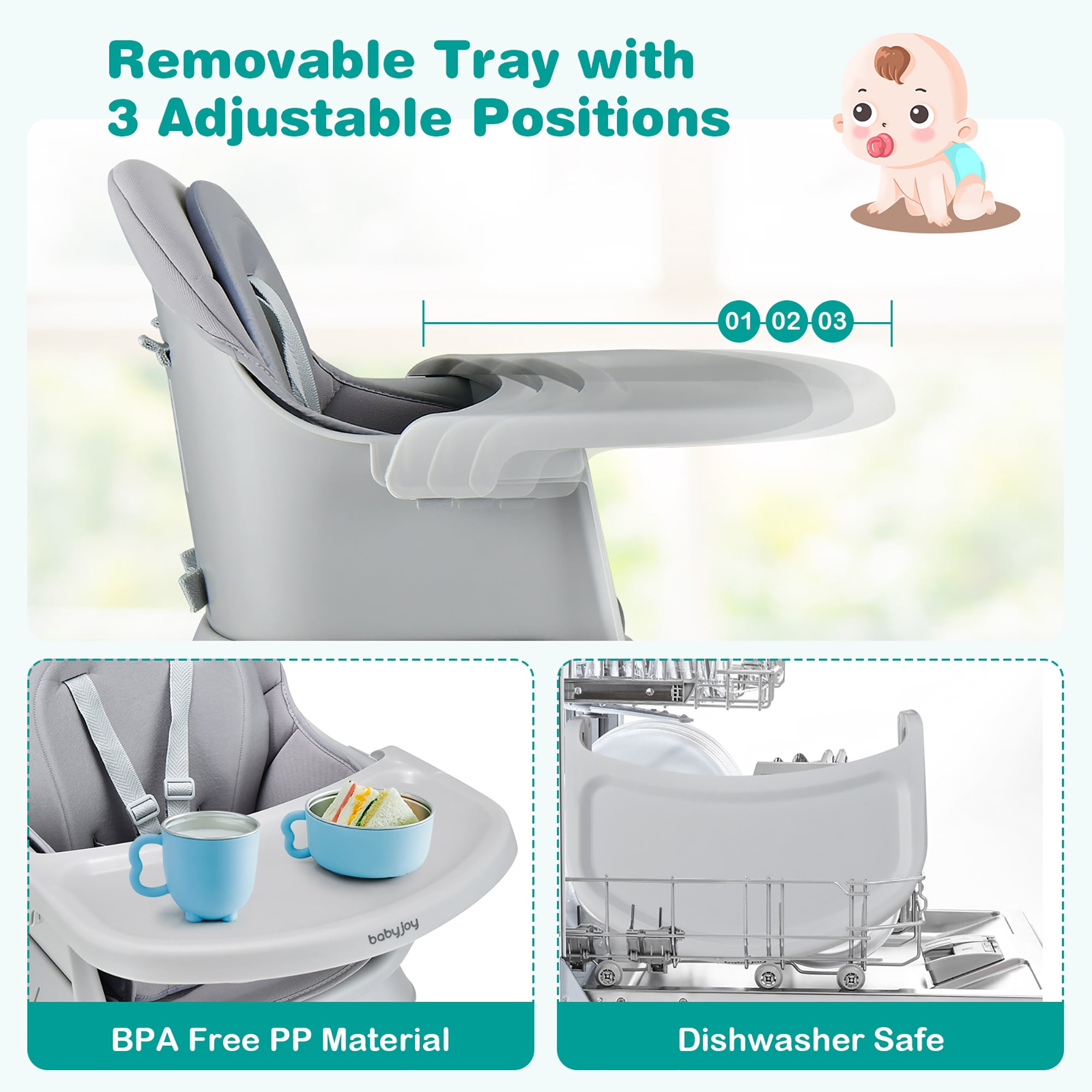 Costway  8-in-1 Baby High Chair Convertible Dining Booster Seat w/ Removable Tray Gray