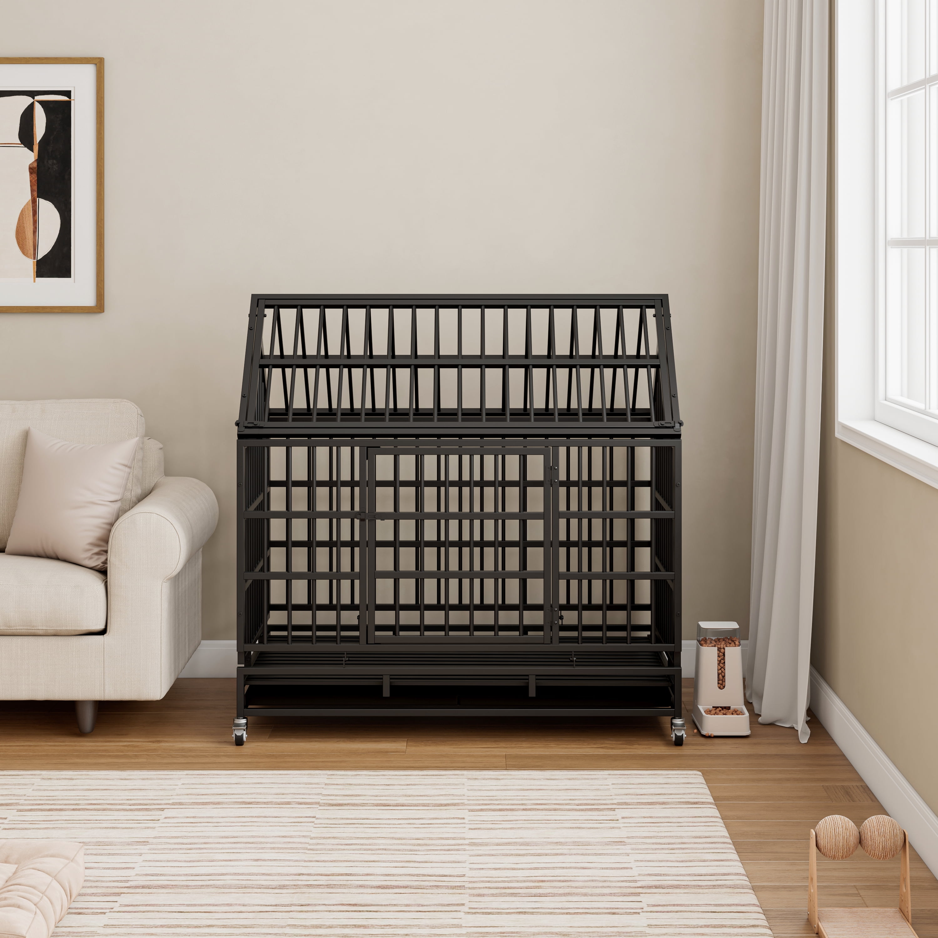 48 Inch Heavy Duty Dog Crate with Wheels, Folding Metal Big Dog Cage for Large and Medium Dogs, Cage with a pointed roof and Removable Tray