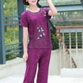 thumbnail image 4 of Summer Women Pajamas O Neck Floral Print Short Sleeve T-shirt Pants Loose Outfit for Middle-aged, 4 of 7