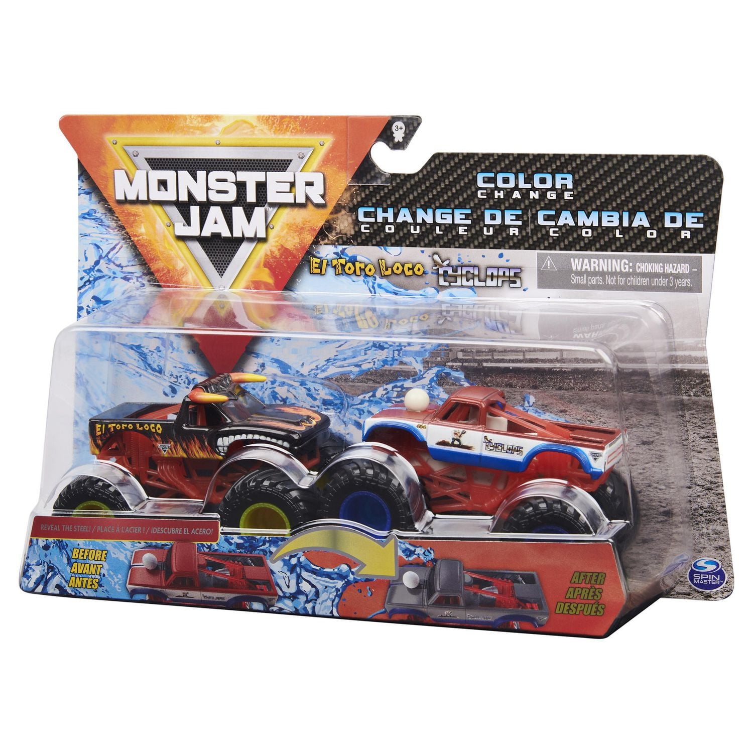 Monster Jam, Monster trucks El Toro Loco vs Cyclops officiels qui changent de couleur en métal moulé, échelle 1:64