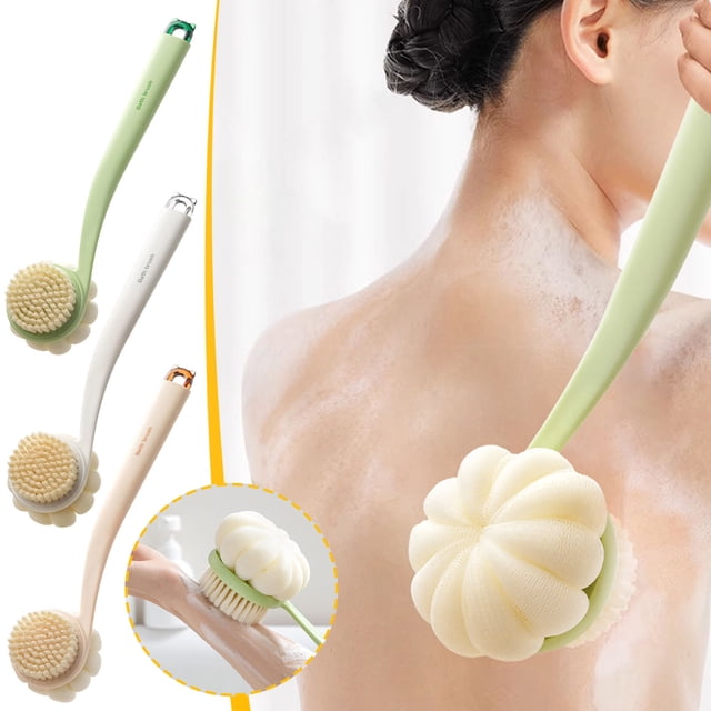 Cepillo de baño de mango largo | Limpiador corporal 3 en 1 de cerdas blandas de doble cara, limpiador exfoliante para la espalda y los pies | Plástico duradero, fácil de limpiar, adaptado para la