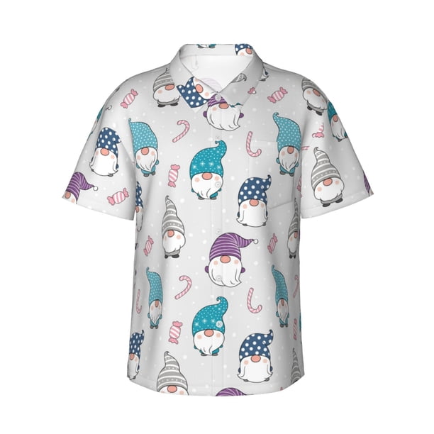 Balery cute winter Gnome Camisas hawaianas de manga corta para hombre, camisas playeras de corte holgado, camisas de vacaciones con botones,Medium