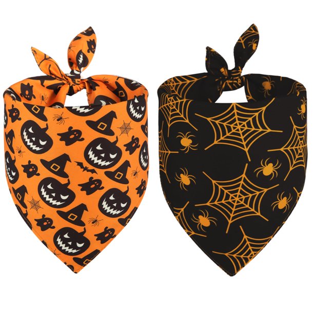 Doncida Bandanas para perros de Halloween, paquete de 2, 4 patrones reversibles triangulares, calabazas de Halloween, telarañas, bufanda para perros medianos y grandes, tela duradera de primera calida