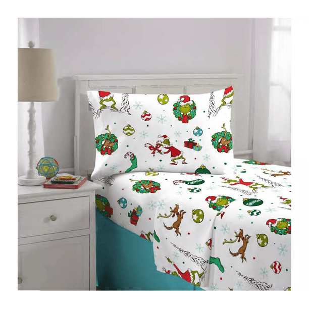 Grinch 3 Piece Twin Flannel Sheet Set, Grinch Twin Bed Sheets