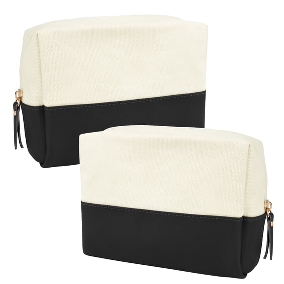 Muka 2 Pack Canvas Makeup Bag with PU Leather Bottom, Large Capacity Travel Cosmetic Case-Black