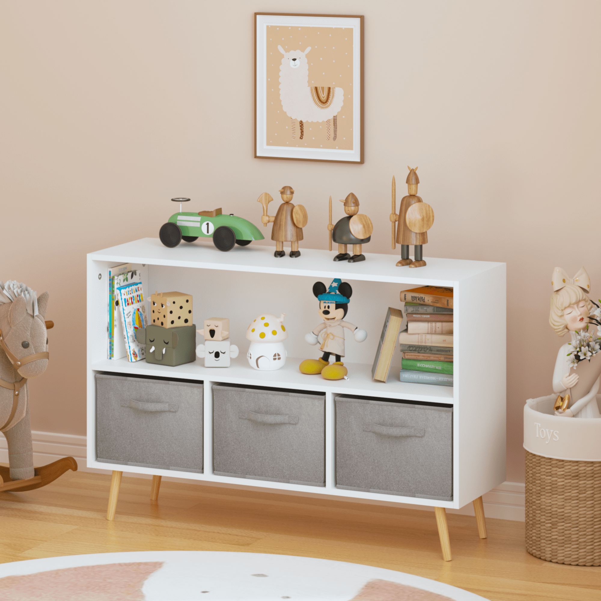 White & Gray Kids Bookcase with Fabric Drawers, MDF Storage Organizer for Toys & Books, 35.4"x11"x23.6", Wall-Safe Design, Easy Assembly