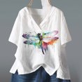 thumbnail image 2 of Pompotops Mode Femmes Imprimé Coton+lin Manches Courtes Col en V Hauts d'Été Blouse T-shirt Liquidation, 2 of 4