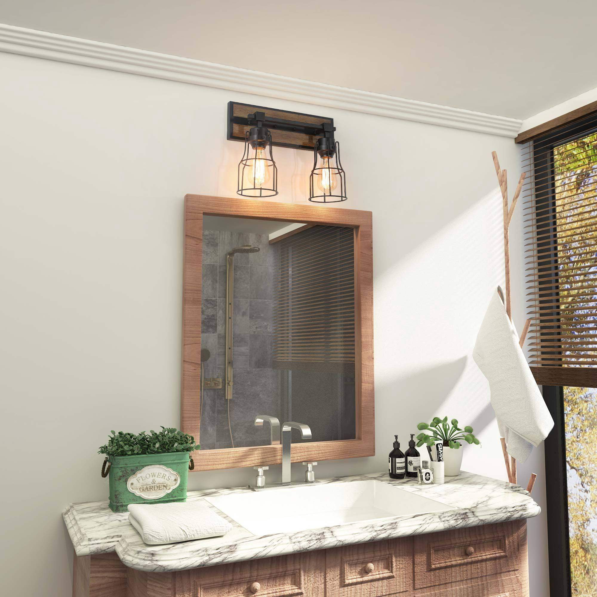 LNC 2-Light Black Geometric Modern Farmhouse Wood Tone Bathroom Vanity Lighting Fixutre