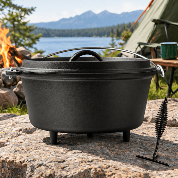Pre-seasoned 8qt Large Cast Iron Camping Dutch Oven Pot With Lid