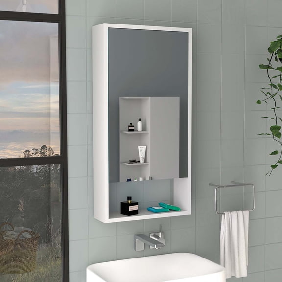 Depot E-Shop Palermo 27-inch Tall Mirrored Medicine Cabinet, with Single Door, 2 Interior Shelves, and External Shelf, White