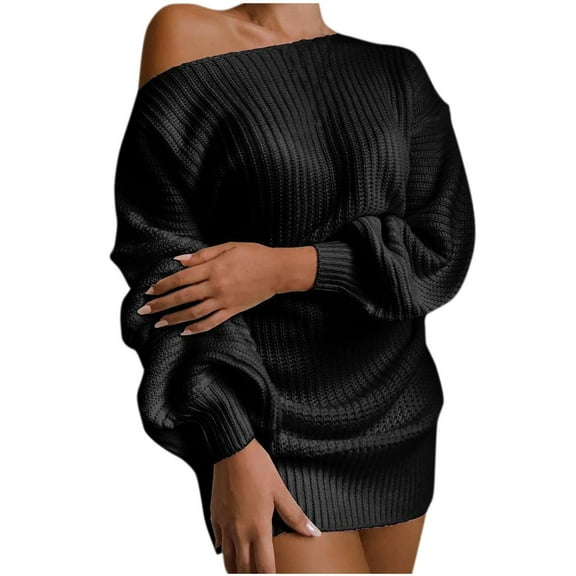 Kilaqueen Oversized Women Sweater Dress Off Shoulder Long Lantern Sleeve One Shoulder Ribbed Knit Dresses Solid Color Casual Pullover Mini Dress