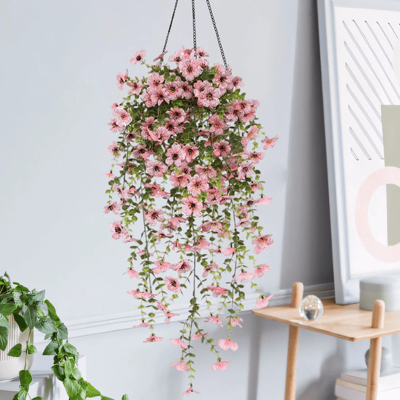 2PCS Artificial Fake Hanging Flowers Plants Violet Flower for Outdoors, Faux Silk Spring Summer Flower for Garden Porch Patio Home Indoor Planter Porch Yard Wedding Decor