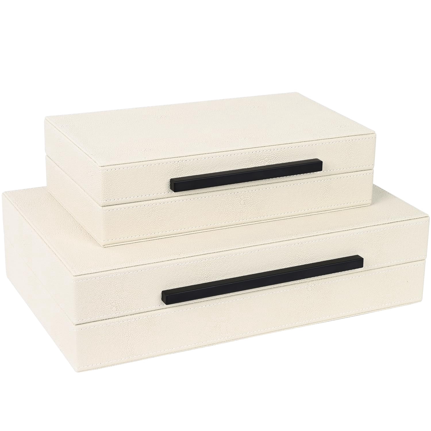 Beige Shagreen Decorative Storage Boxes - Set Of 2 Faux Leather & Memory With Black Metal Handles  Nesting Photo Organizers For Home Decor Gift And Office Organization