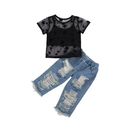 

Canrulo Summer Toddler Baby Girls Clothes 3pcs Lace Short Sleeve T Shirts Tops+Vest+Denim Pants Sets Black 3-4 Years