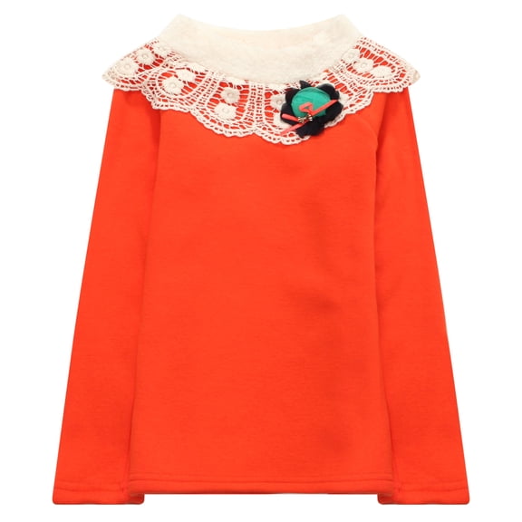 Little Girls Orange Flower Lace Faux Fur Collar Pullover 4/5
