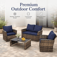 thumbnail image 3 of 4 Pieces Patio Conversation Set, Outdoor Furniture Set with Cushion, Outside Sectional Rattan Wicker Sofa  Furniture Set for Garden, Porch, Backyard, Brown & Blue, 3 of 8