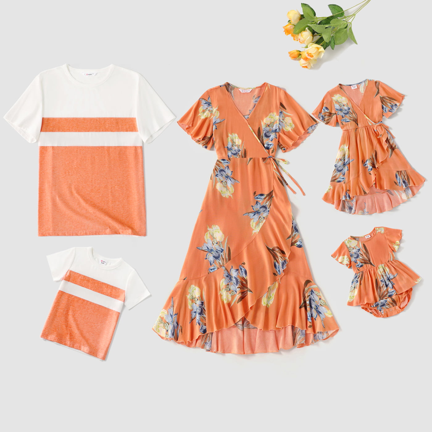 PatPat Family Matching Floral V Neck Ruffle-sleeve Dresses and Short ...