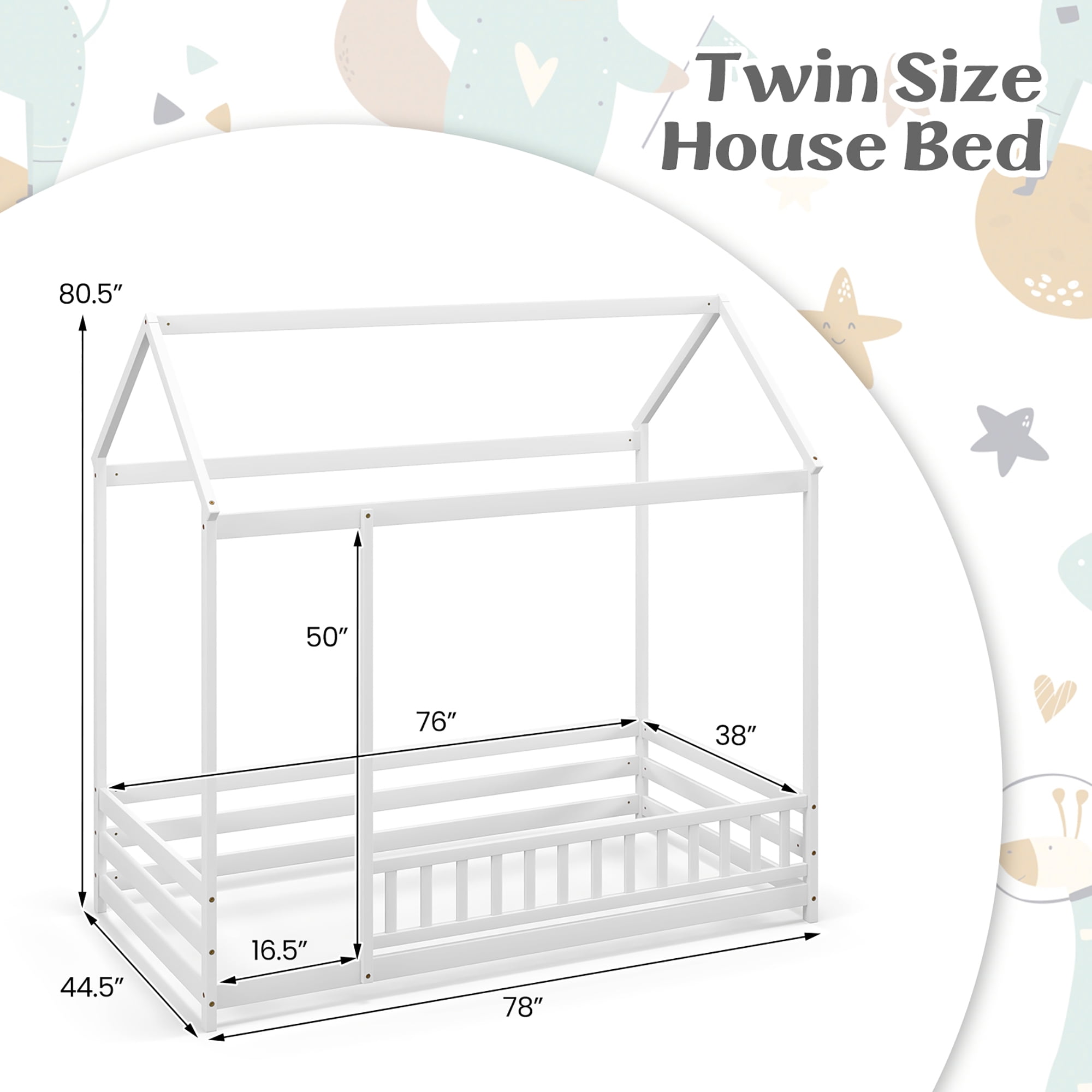 Gymax Twin Size House Bed w/ Roof & Full-length Safety Guardrail Playhouse Bed Frame White