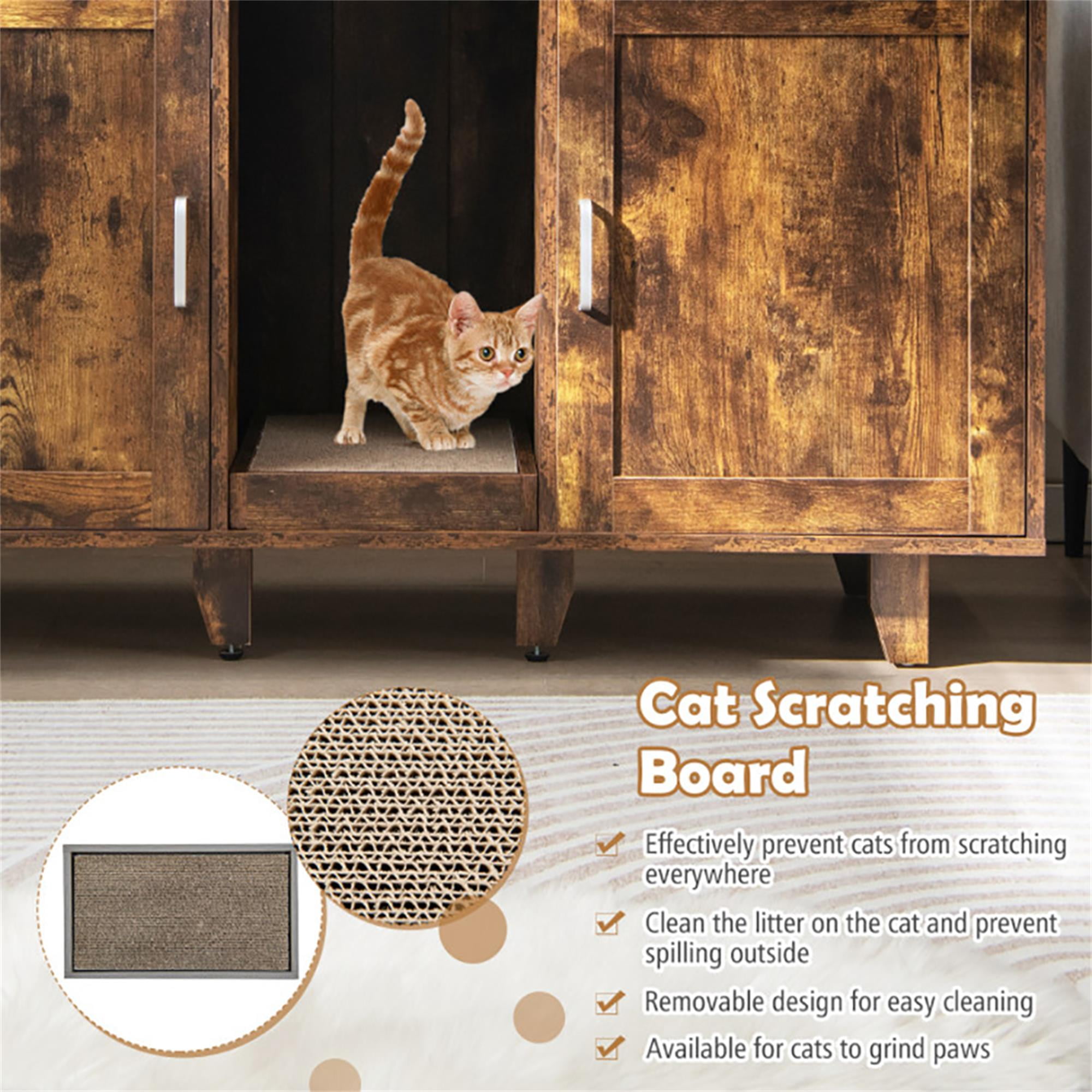 Kadyn 47" 2-Door Cat Litter Box Enclosure with Winding Entry and Scratching Board, Hidden Cat House Washroom Furniture, Dark Brown