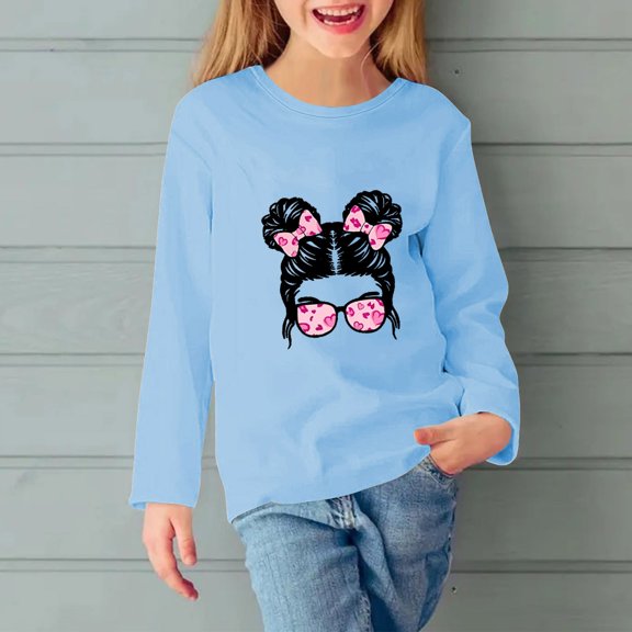 Cethrio Long Sleeve Tops for Girls, Casual Printed Crewneck Pullover Shirts Light Blue Size 3-4 T