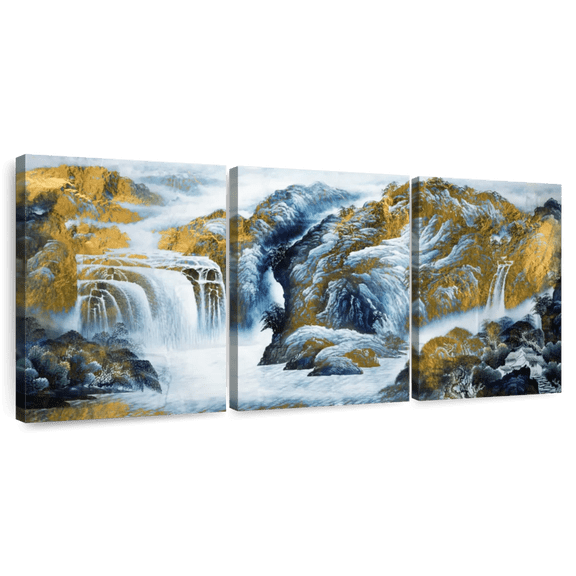 Elephant Stock Waterfall Landscape Wall Art - Horizontal Multi Panel Canvas - Living Room Wall Decor - Nature Multi Panel - White And Gold Decor - 26" x 12"
