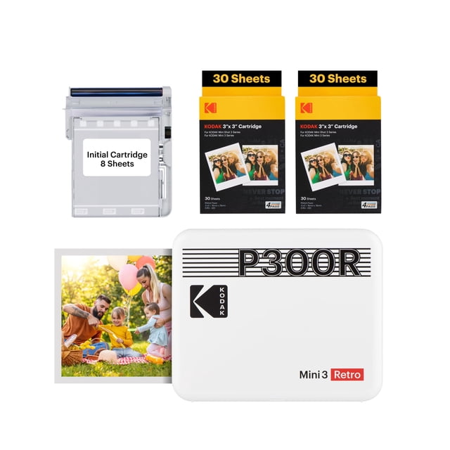 KODAK Mini 3 Retro 4PASS Impresora de Fotos Portátil (7,6x7,6cm) + Pack con 68 Hojas, Blanco
