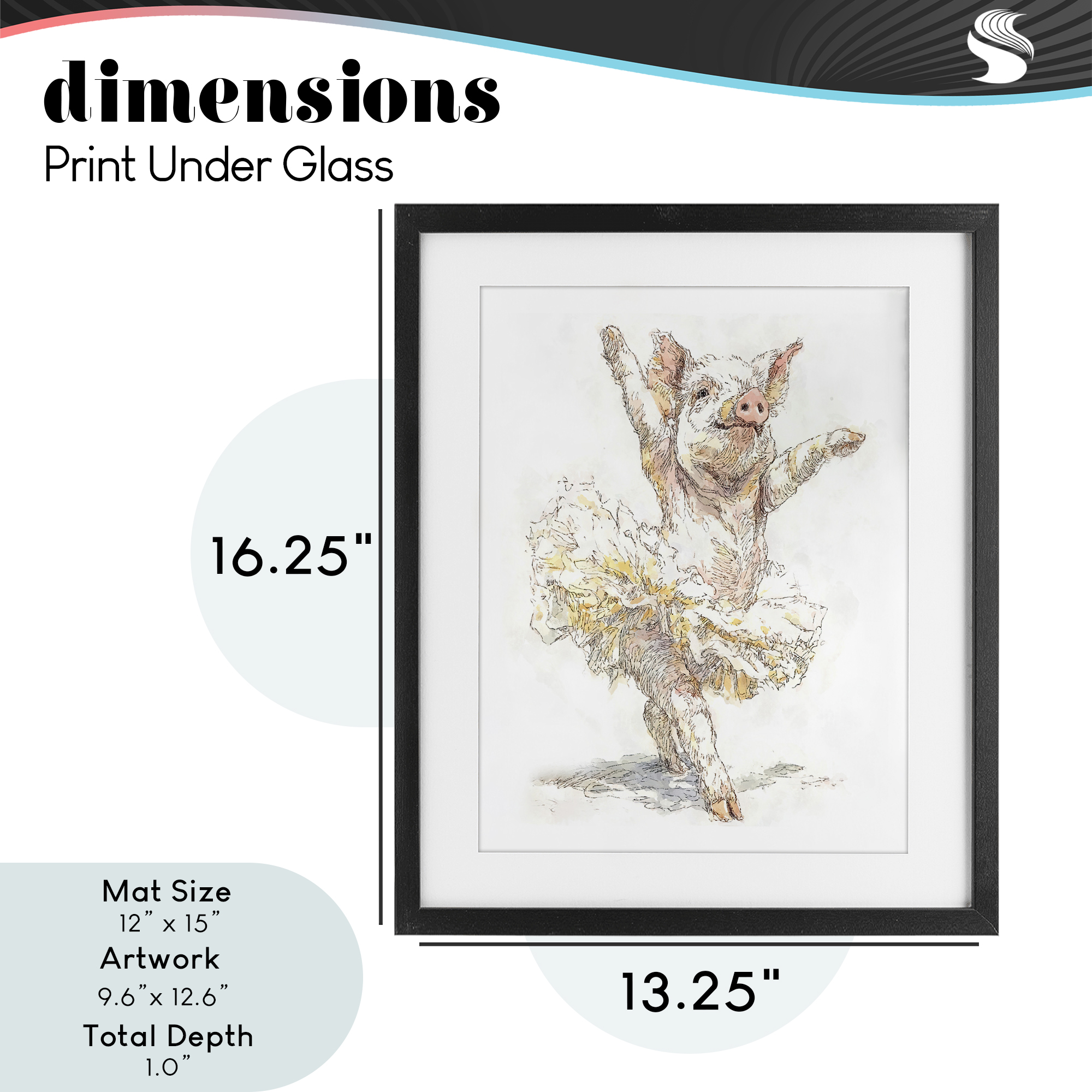 Ballet Pig Tutu Black Framed Print Under Glass, design by Ziwei Li