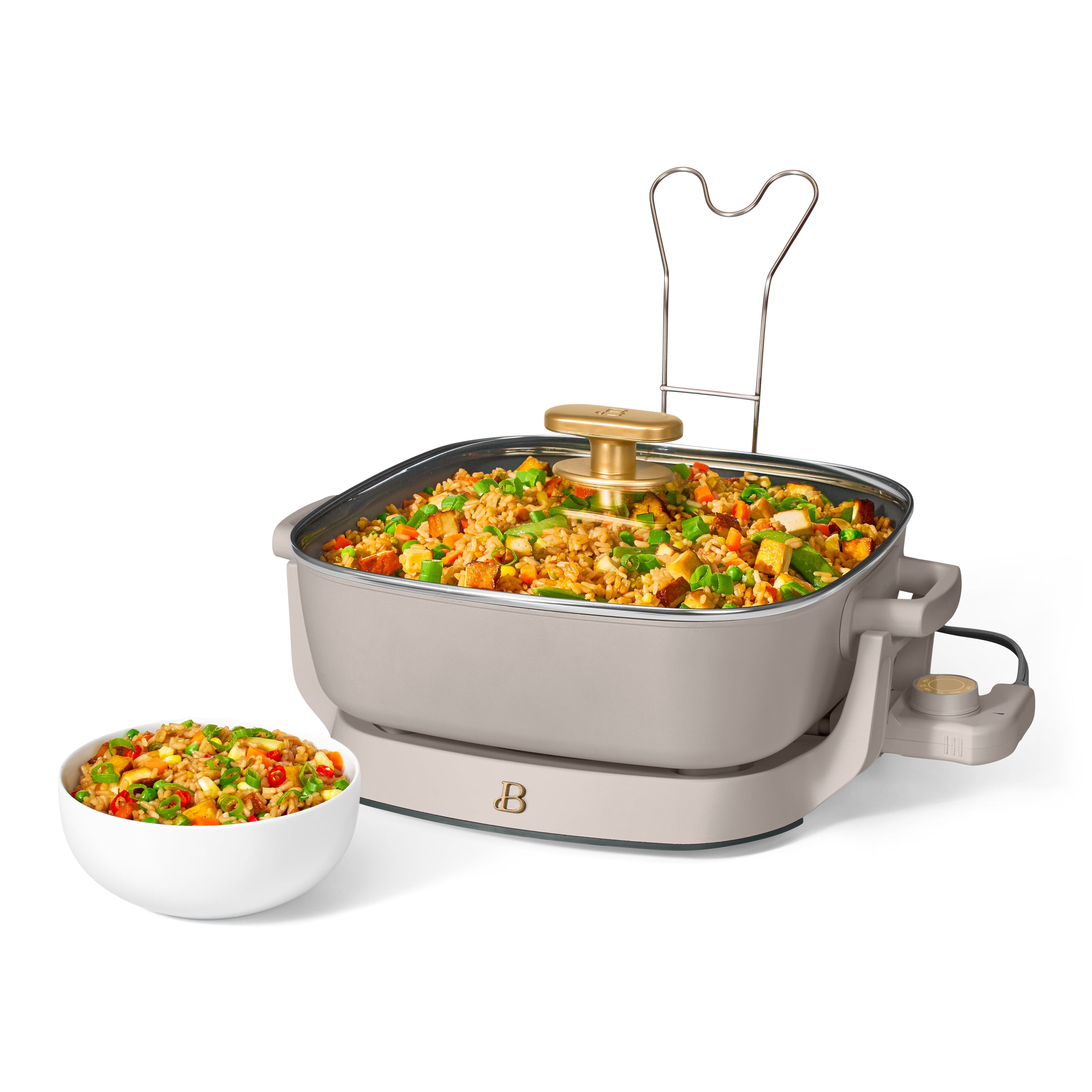 Beautiful 5-in-1, 12" x 12" Detachable Electric Skillet with EverGood Ceramic Nonstick Coating, Porcini Taupe by Drew Barrymore