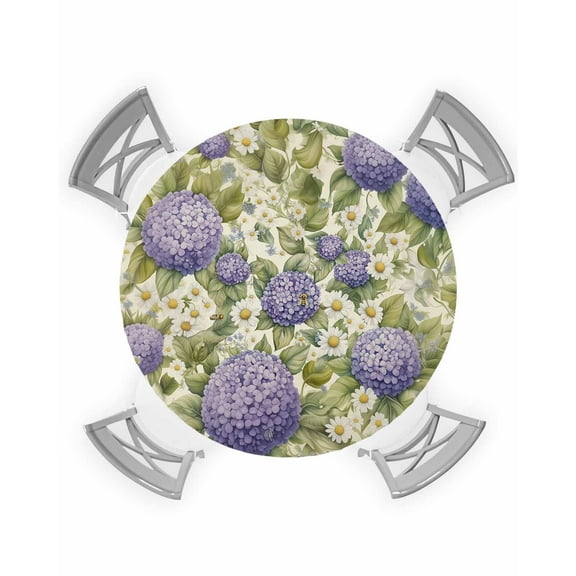 nqOlkjepod Purple Hydrangeas Round Tablecloth, Fitted Table Cover with Elastic for 55"-60" Round Tables, Spring Floral Green Leaf Countryside Table Cloth Outdoor Dinning Party Waterproof Tablecloths