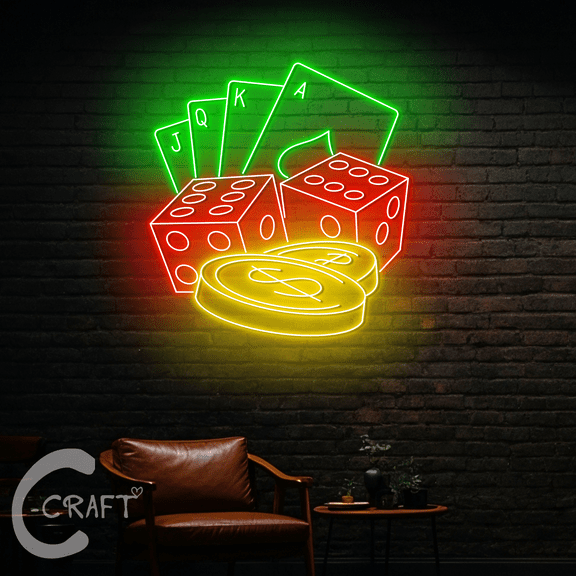C-CRAFT Poker Card Dice Coin Neon Led Light Sign 27 inch for Casino Game Room Wall Decor