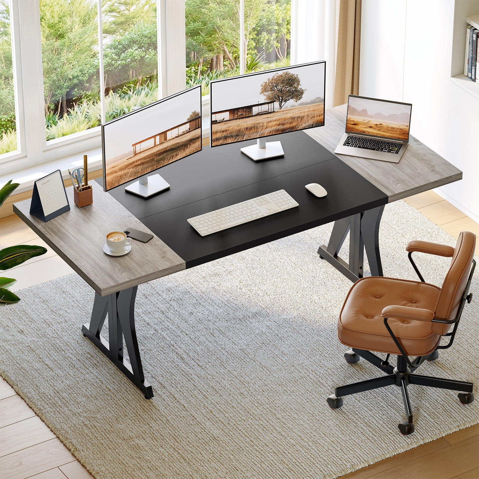 Bestier 70 Inch Large Computer Desk, Modern Two-Tone Executive Office Desk with Sturdy K-Shaped Metal Frame, Industrial Home Office Writing Desk for Gaming, Studying, and Working, Grey