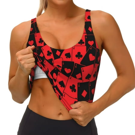 Qokaie Playing Cards Pattern Womens Scoop Neck Sports Bra Breathable Workout Vest Padded U Back Medium Impact Fitness Gym Yoga Bra Workout Crop Top