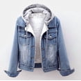 thumbnail image 2 of Aricy Women's Denim Hoodie Jackets Women's Fashion Long Sleeve Basic Solid Color Fall Button Down Velvet Denim Cotton Jacket With Pockets Denim Jacket Trucker Coat Cropped Tops, 2 of 4
