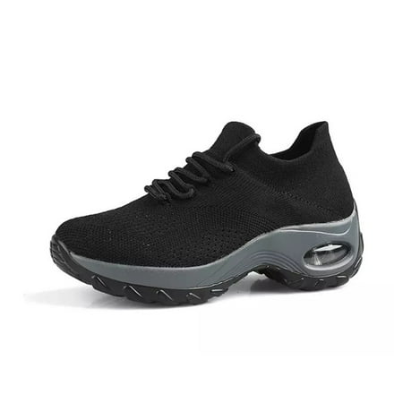 

Solid Lace Up Woven Running Sports Sneakers Lightweight Air Cushion Elastic Socks Sneakers Women‘s Footwear