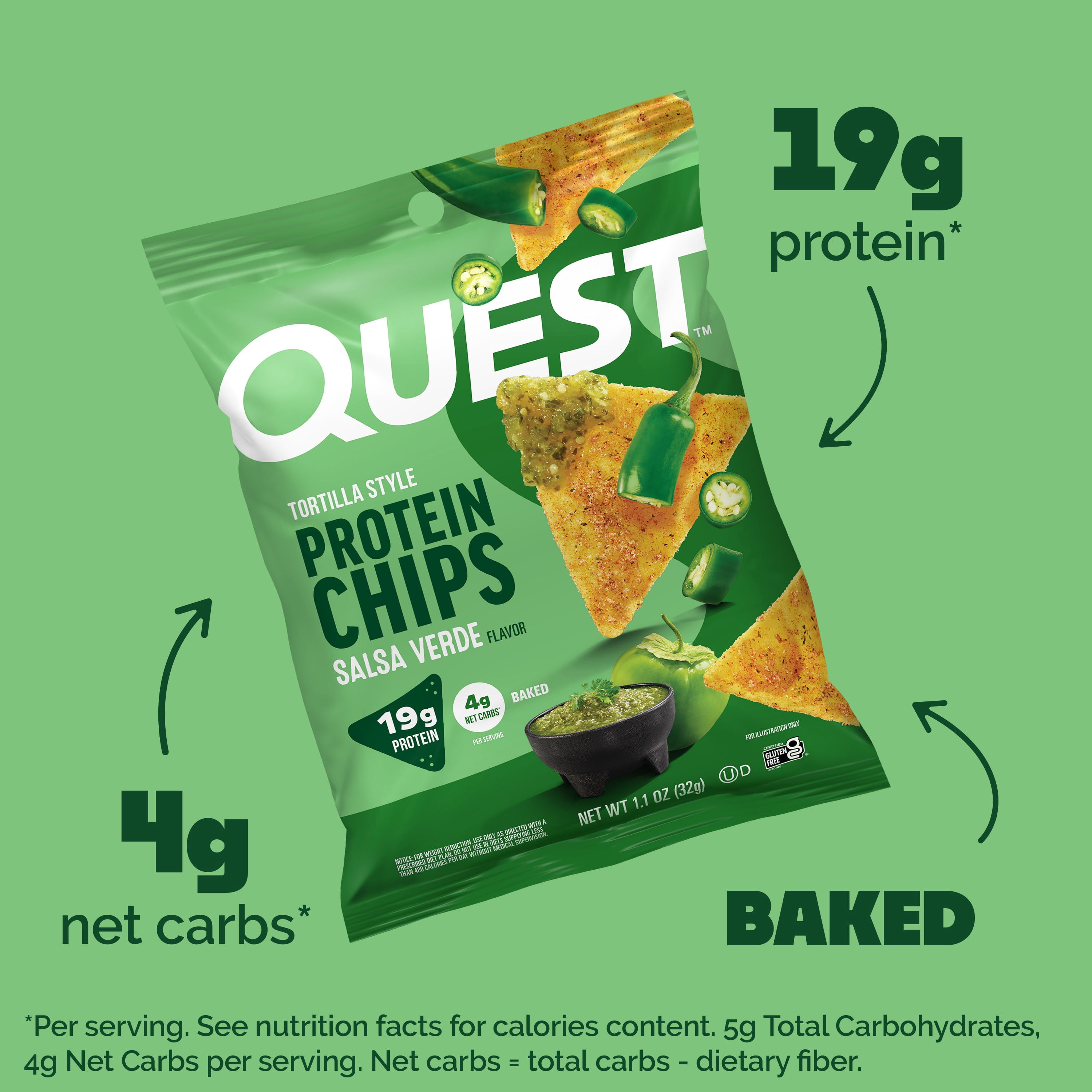 Quest Tortilla Style Protein Chips, Salsa Verde Flavor, 17g Protein, Baked, 4oz