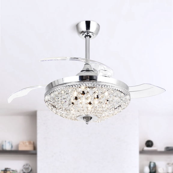 Parrot Uncle 42 inch Crystal Ceiling Fan with Remote Control Retractable 3-Blades Contemporary Chandelier Fan 6-Light, Chrome
