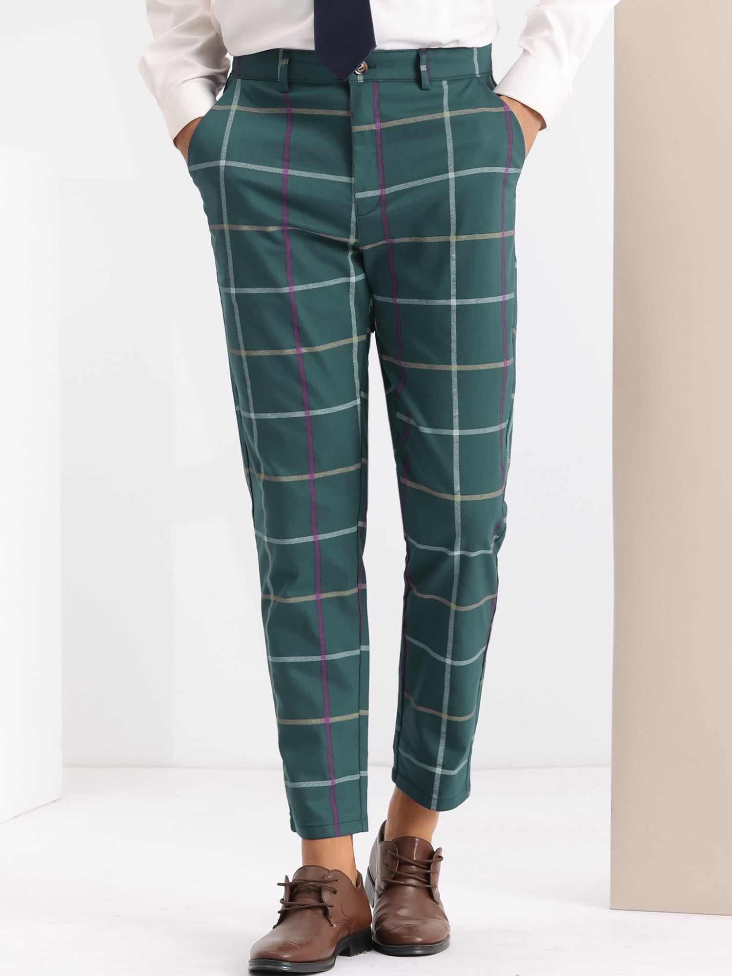 Unique Bargains Men's Plaid Tapered Pants Zipper Flat Front Formal Dress Pants 28 Green