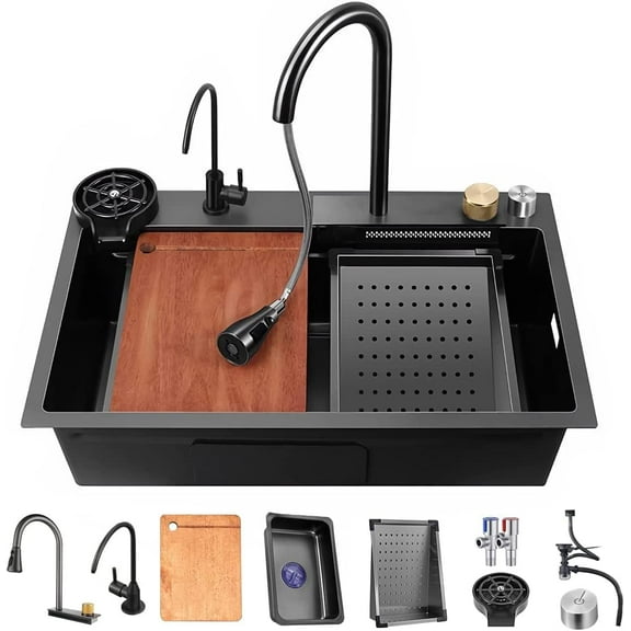Nano Black 304 Stainless Steel Waterfall Sink Single Bowl Workstation Kitchen Sink With Multifunctional Top Loading Flying Rain Pull-out Faucet (Black, 29.5x17.7x8.3 inch)