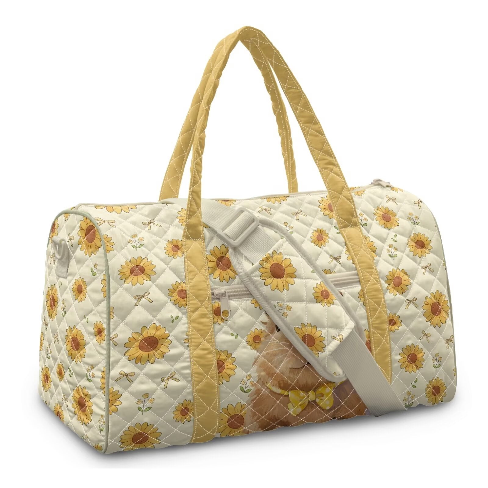 Garronmavis Large Quilted Duffle Bag for Women, Cute Capybara Sunflower Print Weekender Travel Overnight Carry On Gym Dance Tote Bag with Zipper Pockets