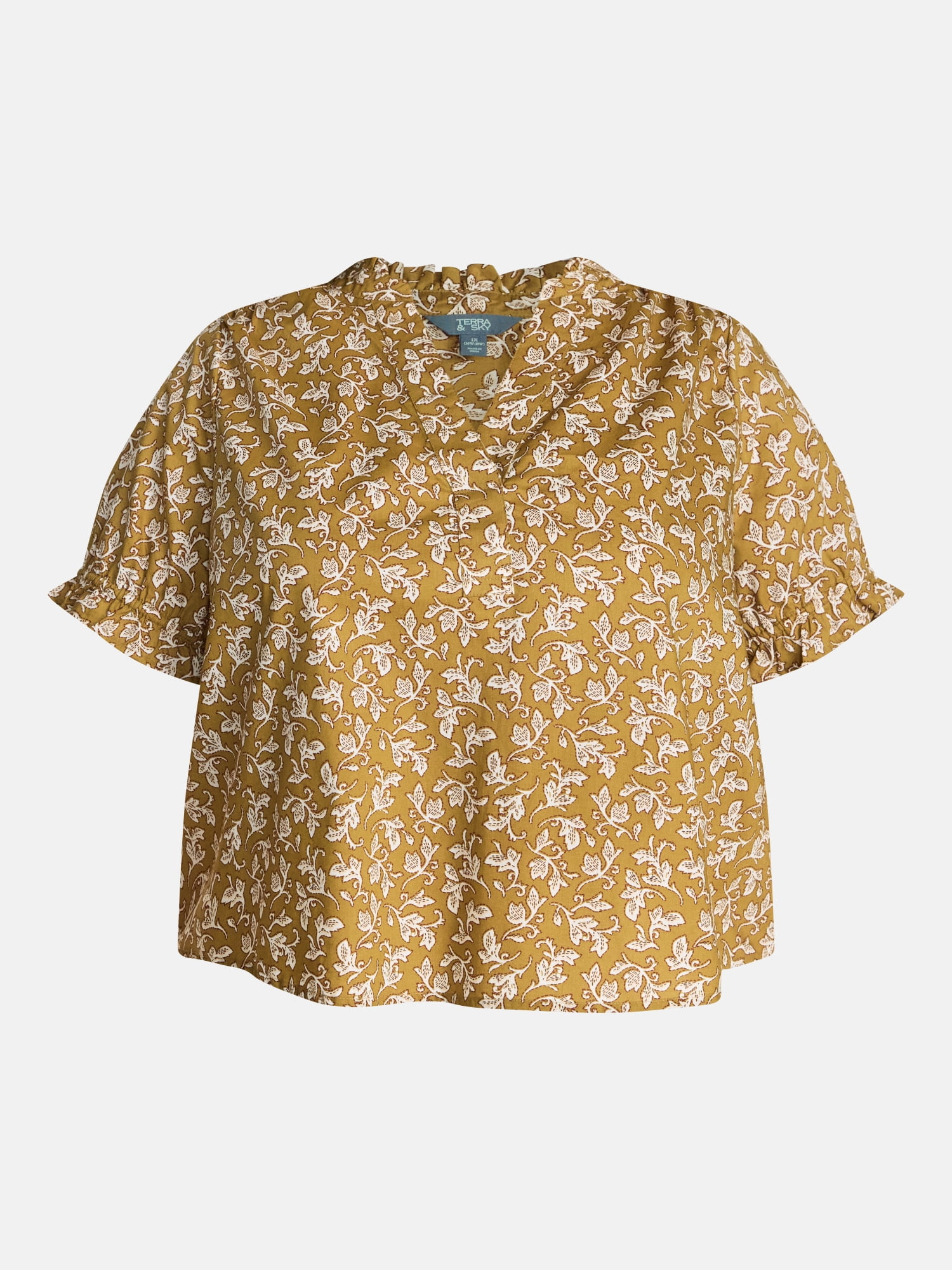 Terra & Sky Women's Plus Flowy Cotton Blouse with Short Ruffled Sleeves, Sizes 0X-5X