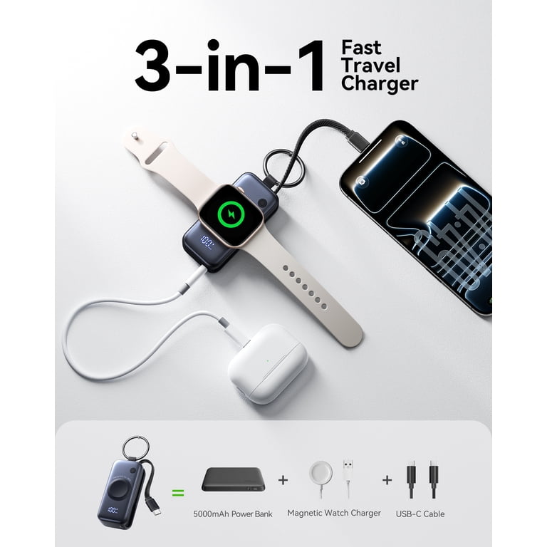 INU, 5000mAh Portable Power Bank, Apple Watch Charger, 3-in-1