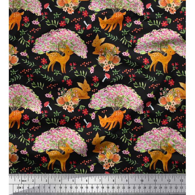 Soimoi Rayon Fabric Tree,Floral & Deer Animal Decor Fabric Printed Yard 56 Inch Wide