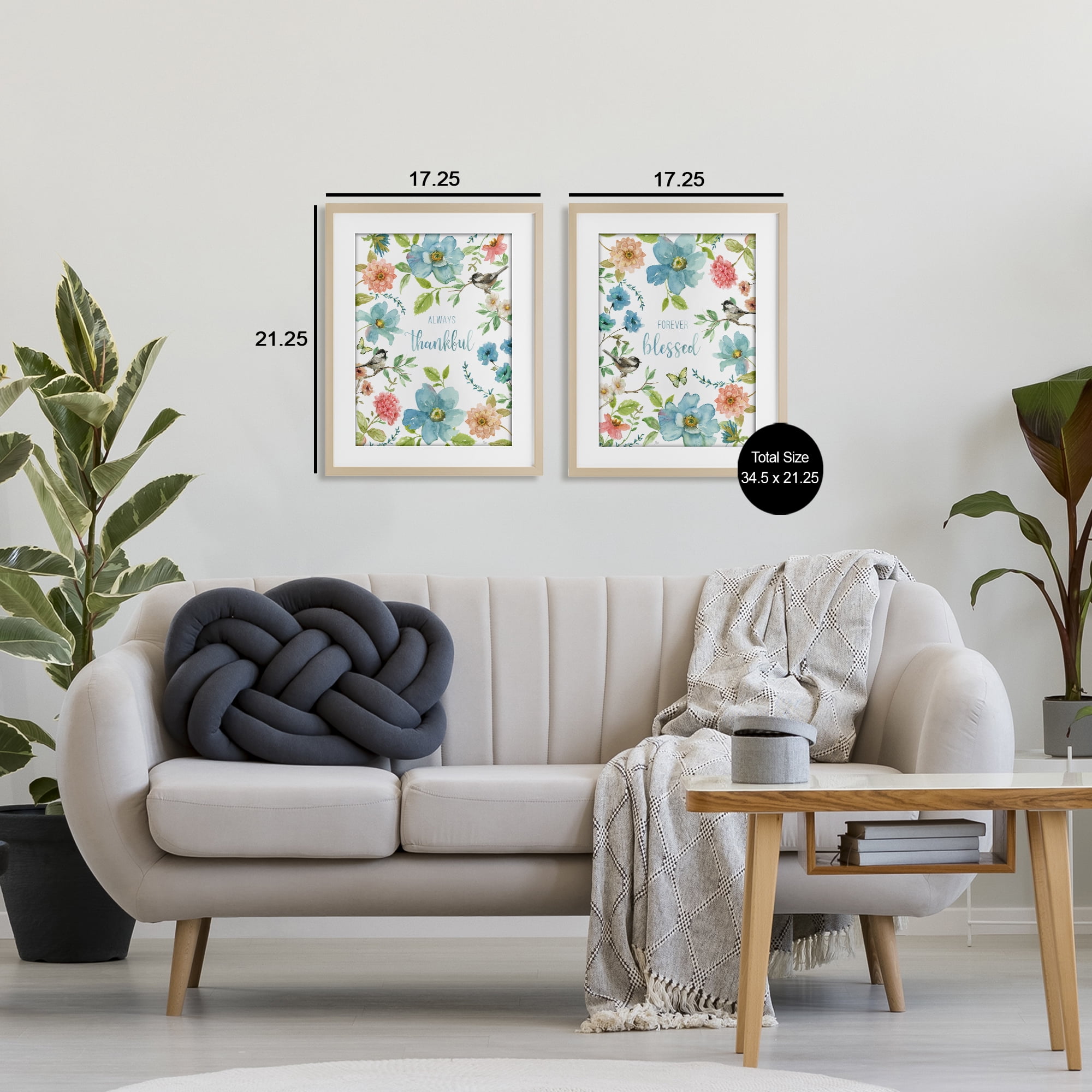 Stupell Industries Pink & Blue Gratitude Blooms 2 Piece Birch Framed Print Under Glass Set, design by Nan