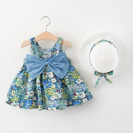 

pop seller Baby Girl Sundress Print Dress Toddler Party Sleeveless Dress With Hat
