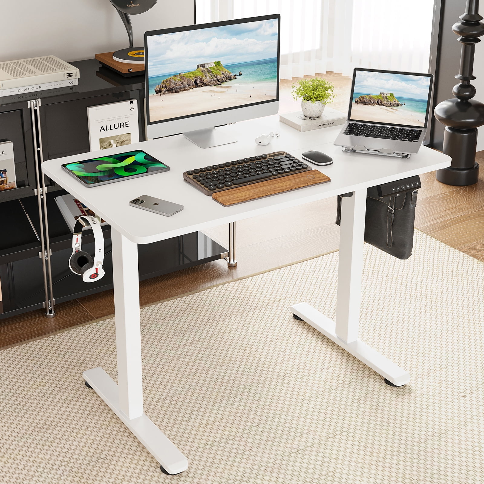40 Inch Electric Standing Desk Height Adjustable with Storage Hooks for Home Office